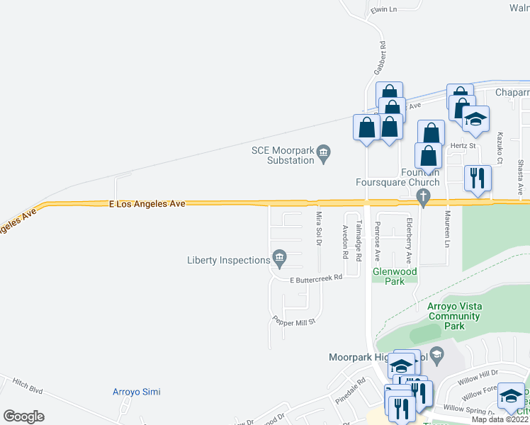 map of restaurants, bars, coffee shops, grocery stores, and more near 4975 North Buttercreek Road in Moorpark
