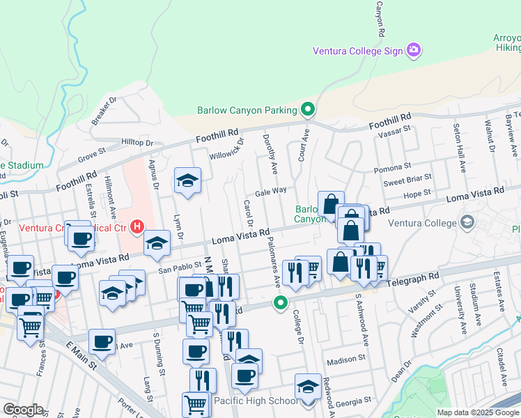 map of restaurants, bars, coffee shops, grocery stores, and more near 251 Palomares Avenue in Ventura