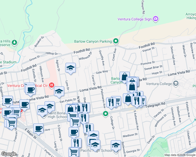 map of restaurants, bars, coffee shops, grocery stores, and more near 251 Palomares Avenue in Ventura