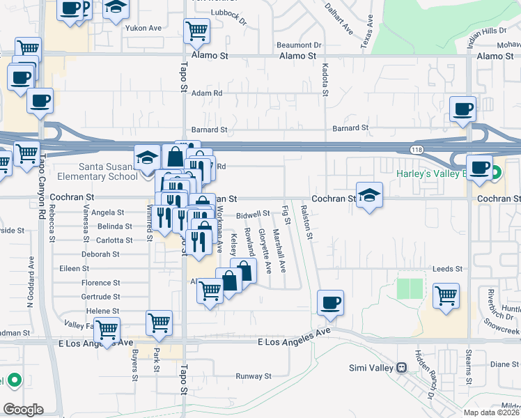 map of restaurants, bars, coffee shops, grocery stores, and more near 4537 Bidwell Street in Simi Valley