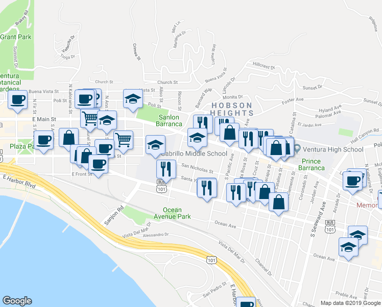 map of restaurants, bars, coffee shops, grocery stores, and more near 1561 Santa Barbara Street in Ventura