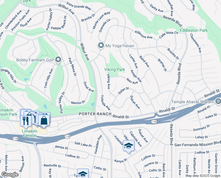 map of restaurants, bars, coffee shops, grocery stores, and more near 11416 Viking Avenue in Los Angeles