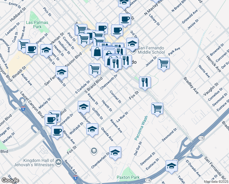 map of restaurants, bars, coffee shops, grocery stores, and more near 413 Wolfskill Street in San Fernando