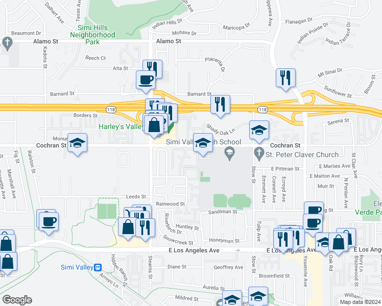 map of restaurants, bars, coffee shops, grocery stores, and more near 2384 Archwood Lane in Simi Valley