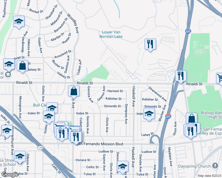 map of restaurants, bars, coffee shops, grocery stores, and more near 15931 Harvest Street in Los Angeles
