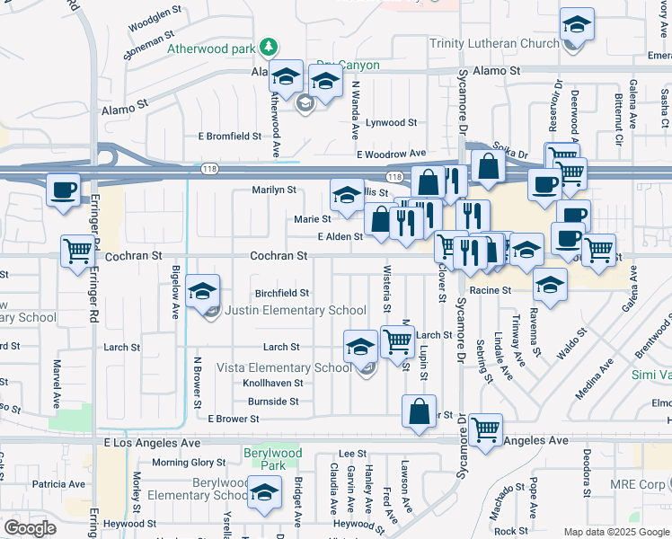 map of restaurants, bars, coffee shops, grocery stores, and more near 2411 Angela Street in Simi Valley