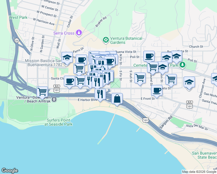 map of restaurants, bars, coffee shops, grocery stores, and more near East Thompson Boulevard in Ventura