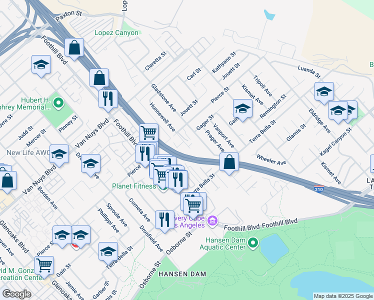 map of restaurants, bars, coffee shops, grocery stores, and more near 11505 Hunnewell Avenue in Los Angeles