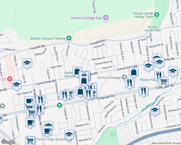 map of restaurants, bars, coffee shops, grocery stores, and more near 4256 Gettysburg Street in Ventura