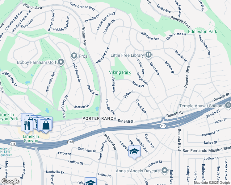 map of restaurants, bars, coffee shops, grocery stores, and more near 11416 Viking Avenue in Los Angeles