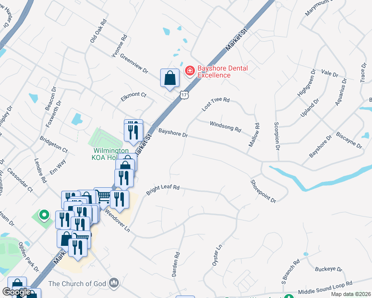 map of restaurants, bars, coffee shops, grocery stores, and more near 7464 Thais Trail in Wilmington