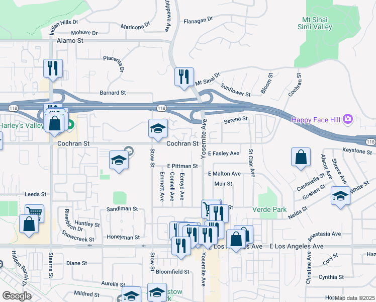 map of restaurants, bars, coffee shops, grocery stores, and more near 2331 Timberlane Avenue in Simi Valley
