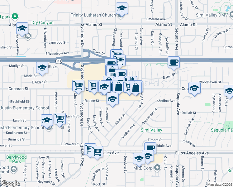 map of restaurants, bars, coffee shops, grocery stores, and more near 2910 Racine Street in Simi Valley
