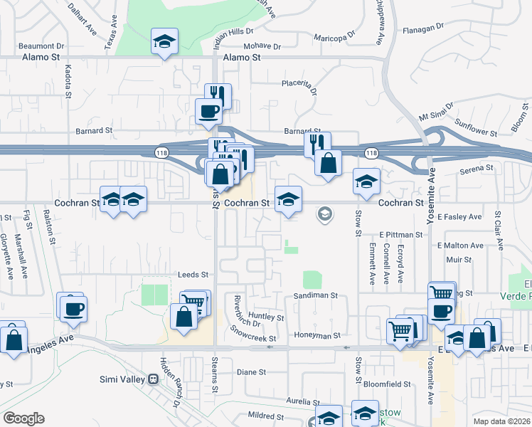 map of restaurants, bars, coffee shops, grocery stores, and more near 2392 Archwood Lane in Simi Valley
