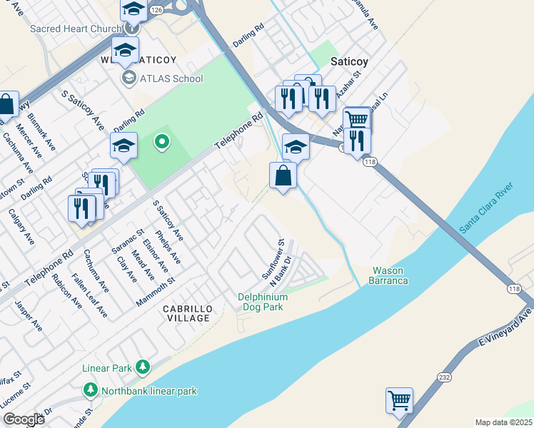 map of restaurants, bars, coffee shops, grocery stores, and more near 10894 Sunflower Street in Ventura