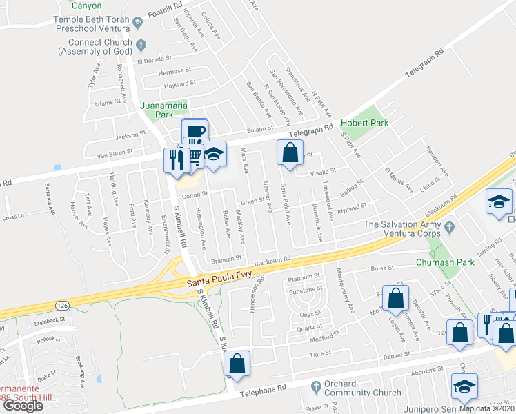map of restaurants, bars, coffee shops, grocery stores, and more near 272 Mara Avenue in Ventura