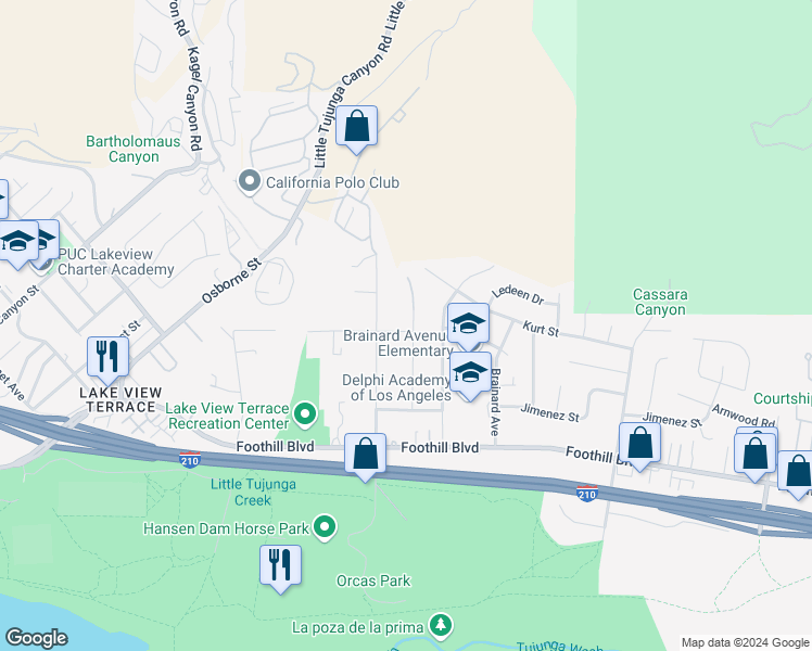 map of restaurants, bars, coffee shops, grocery stores, and more near 11455 Ruggiero Avenue in Los Angeles