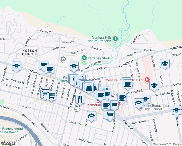 map of restaurants, bars, coffee shops, grocery stores, and more near 237 North Katherine Drive in Ventura