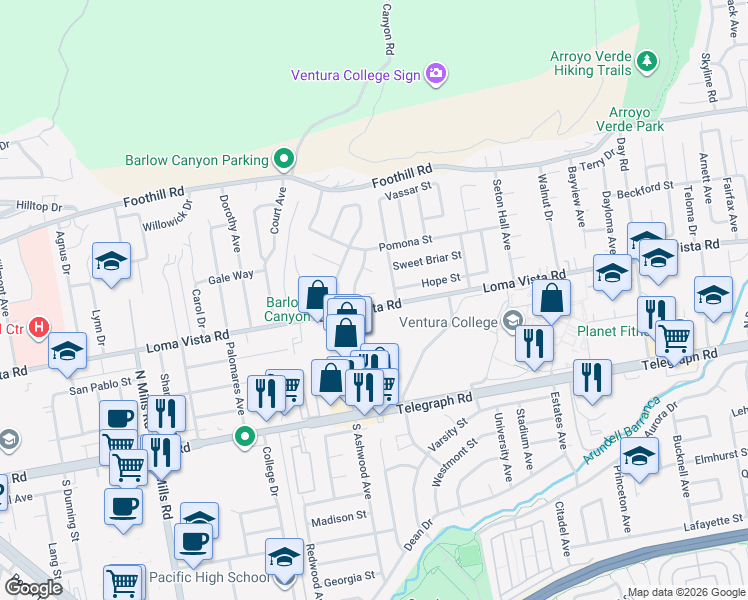 map of restaurants, bars, coffee shops, grocery stores, and more near 4256 Gettysburg Street in Ventura