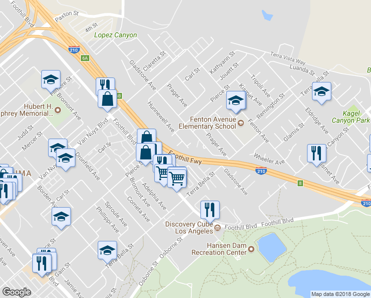 map of restaurants, bars, coffee shops, grocery stores, and more near 11501 Hunnewell Avenue in Los Angeles