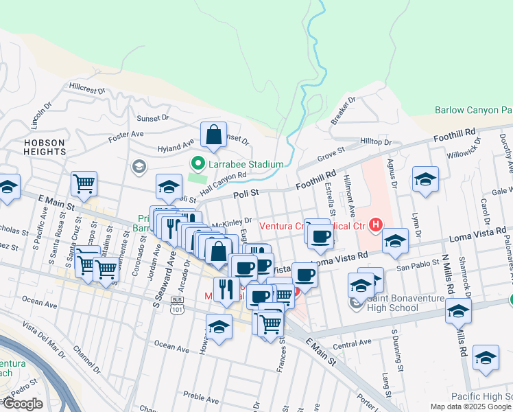 map of restaurants, bars, coffee shops, grocery stores, and more near 2635 McKinley Drive in Ventura