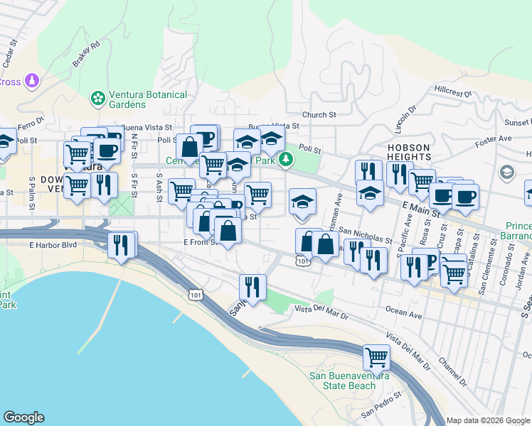 map of restaurants, bars, coffee shops, grocery stores, and more near 1256 Meta Street in Ventura