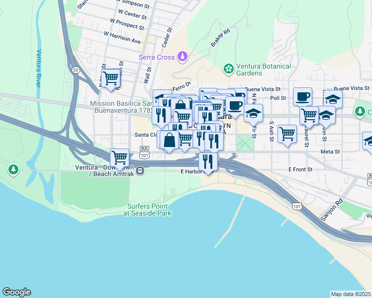 map of restaurants, bars, coffee shops, grocery stores, and more near 225 South Palm Street in Ventura