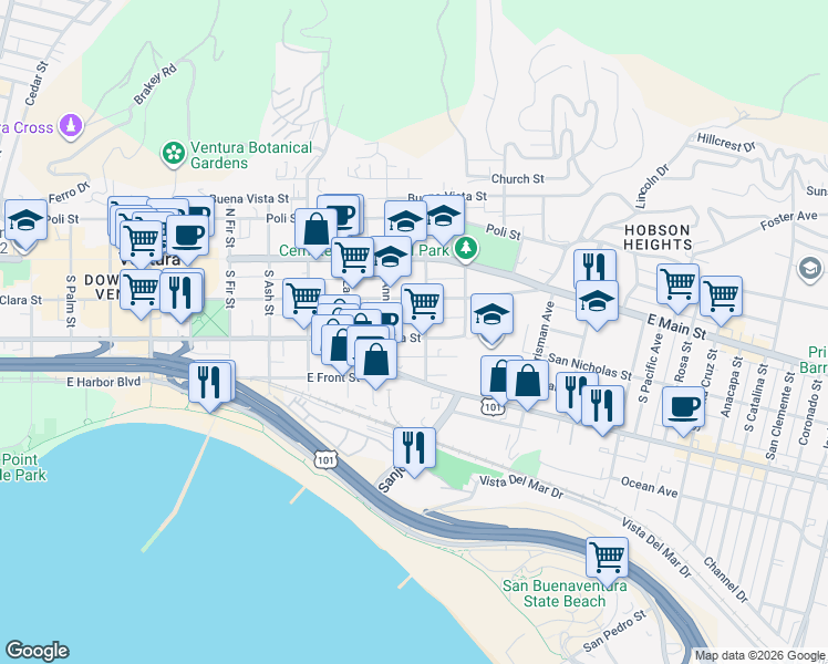 map of restaurants, bars, coffee shops, grocery stores, and more near 1171 Meta Street in Ventura