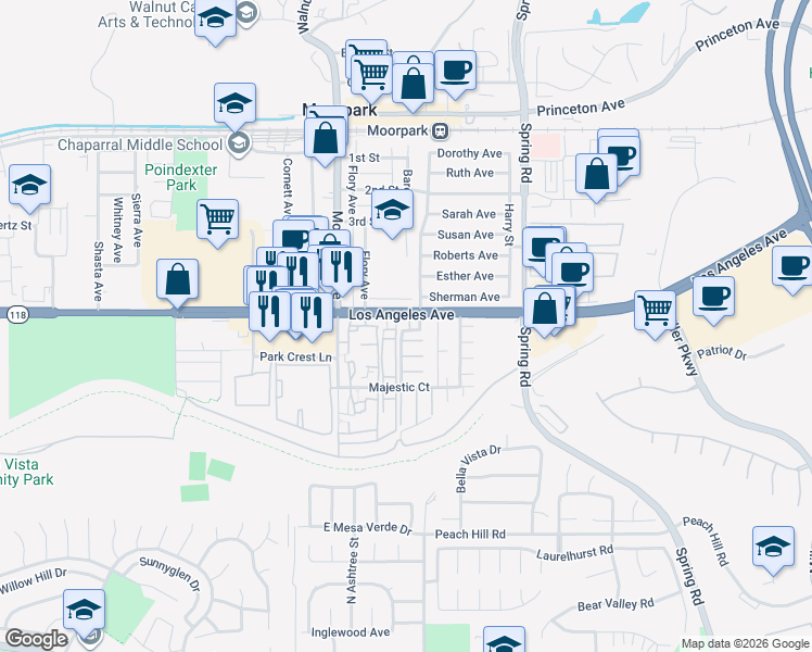 map of restaurants, bars, coffee shops, grocery stores, and more near 4967 Big Ben Court in Moorpark