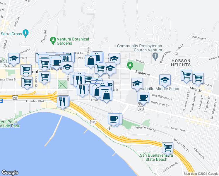 map of restaurants, bars, coffee shops, grocery stores, and more near 173 South Ann Street in Ventura
