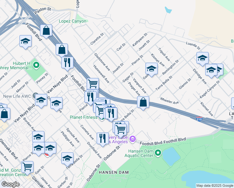 map of restaurants, bars, coffee shops, grocery stores, and more near 11501 Hunnewell Avenue in Los Angeles
