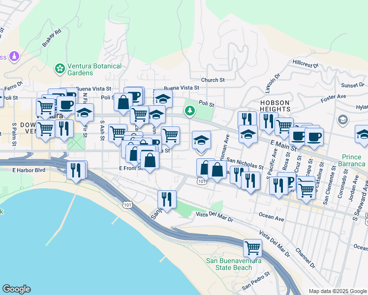 map of restaurants, bars, coffee shops, grocery stores, and more near 1267 East Meta Street in Ventura