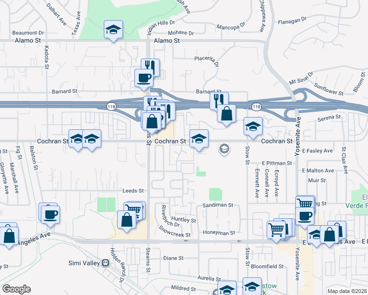 map of restaurants, bars, coffee shops, grocery stores, and more near 2392 Archwood Lane in Simi Valley