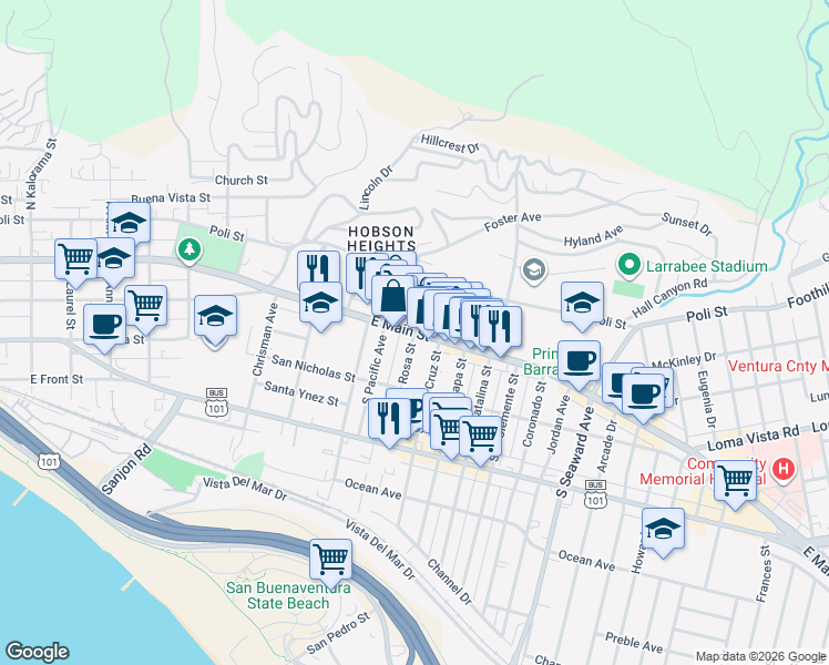 map of restaurants, bars, coffee shops, grocery stores, and more near 1 South Santa Rosa Street in Ventura