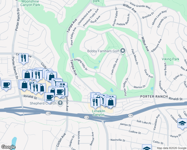 map of restaurants, bars, coffee shops, grocery stores, and more near 11387 Quail Creek Road in Los Angeles