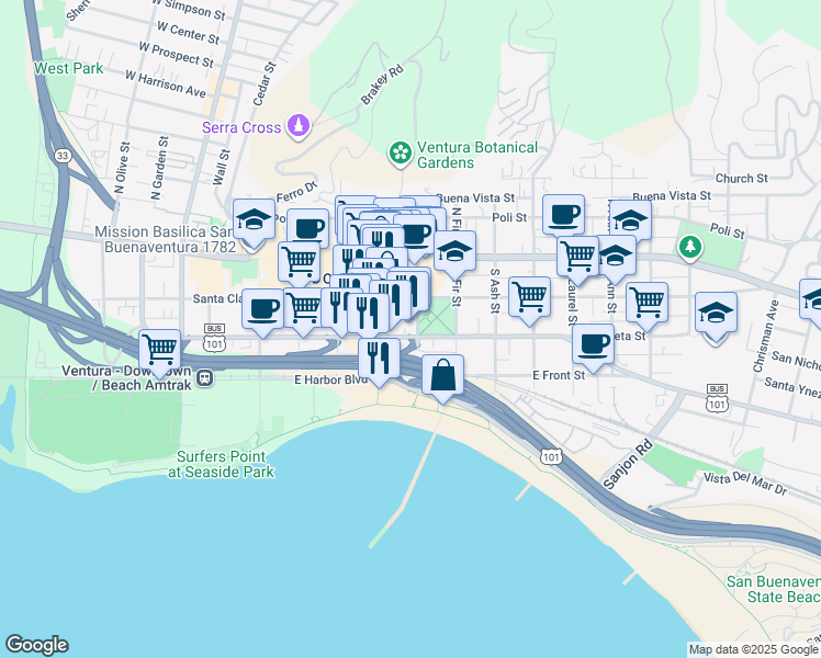 map of restaurants, bars, coffee shops, grocery stores, and more near 568 East Thompson Boulevard in Ventura