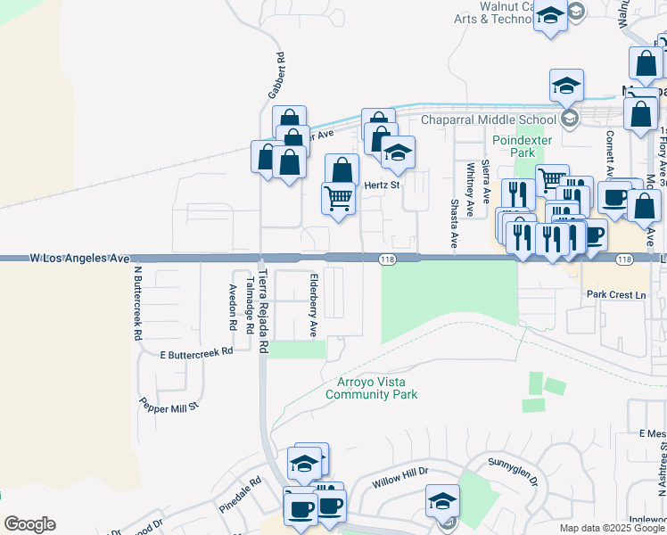 map of restaurants, bars, coffee shops, grocery stores, and more near Arroyo Run in Moorpark