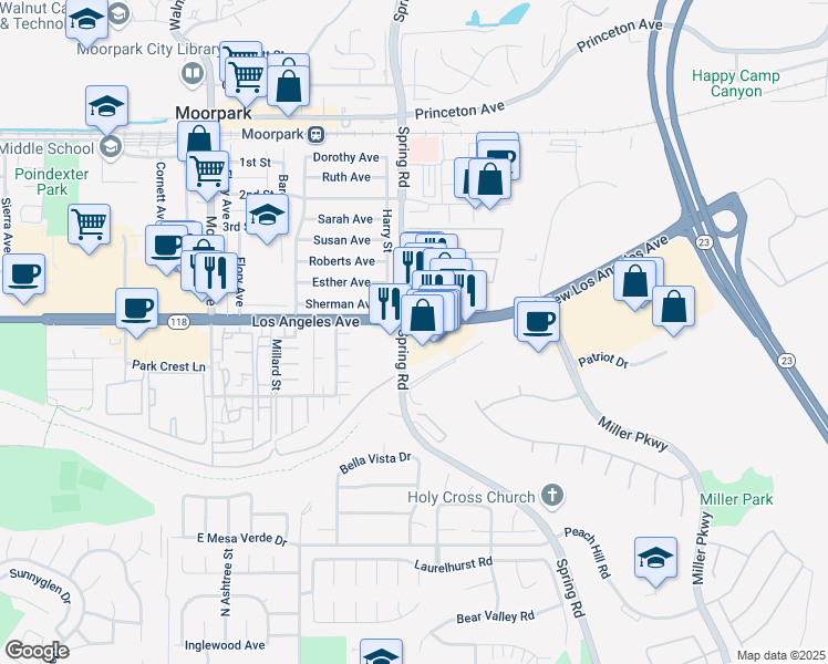 map of restaurants, bars, coffee shops, grocery stores, and more near 4875 Spring Road in Moorpark