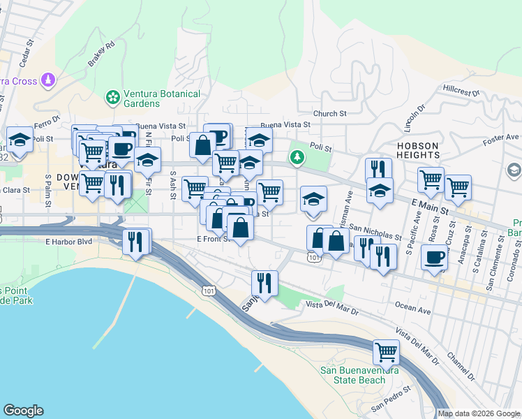 map of restaurants, bars, coffee shops, grocery stores, and more near 1159 Meta Street in Ventura