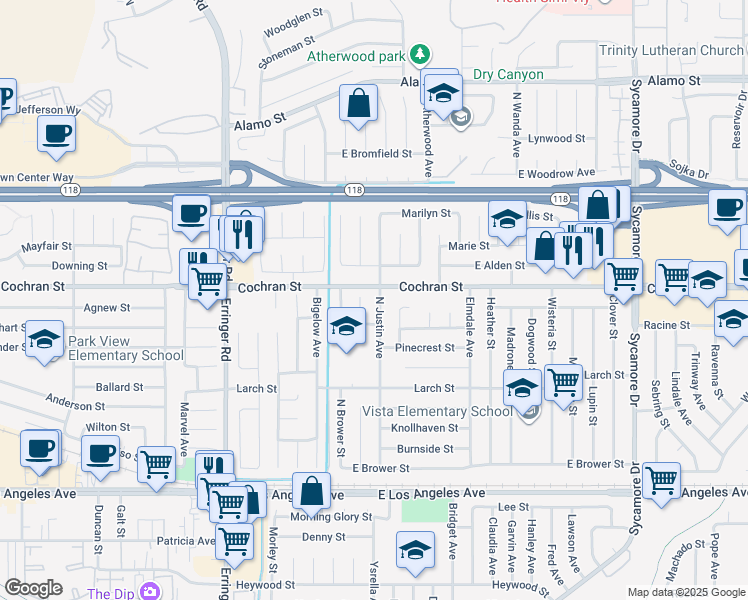 map of restaurants, bars, coffee shops, grocery stores, and more near 2385 North Justin Avenue in Simi Valley