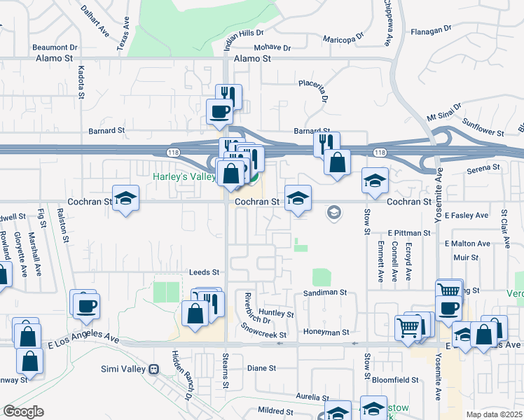 map of restaurants, bars, coffee shops, grocery stores, and more near 2381 Archwood Lane in Simi Valley
