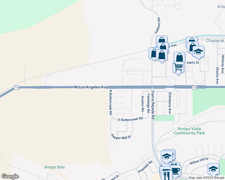 map of restaurants, bars, coffee shops, grocery stores, and more near 4992 North Buttercreek Road in Moorpark