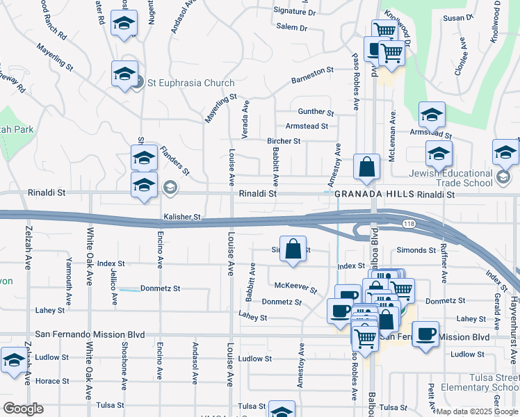 map of restaurants, bars, coffee shops, grocery stores, and more near 17256 Kalisher Street in Los Angeles