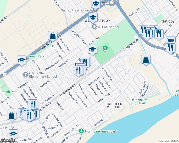 map of restaurants, bars, coffee shops, grocery stores, and more near 1124 Norwood Court in Ventura
