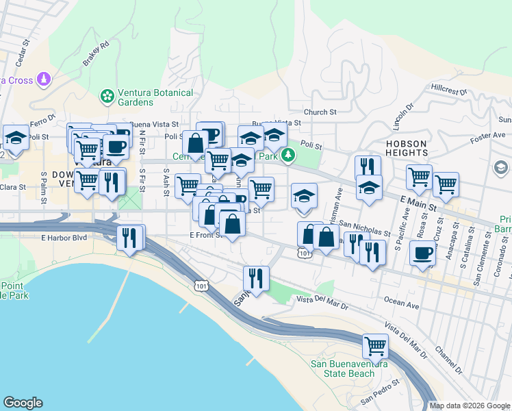 map of restaurants, bars, coffee shops, grocery stores, and more near 1171 Meta Street in Ventura
