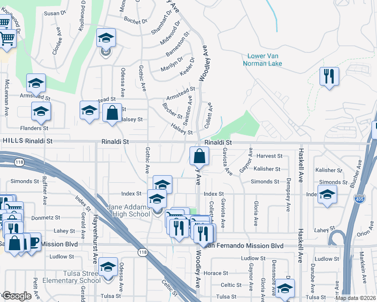 map of restaurants, bars, coffee shops, grocery stores, and more near 11451 Woodley Avenue in Los Angeles