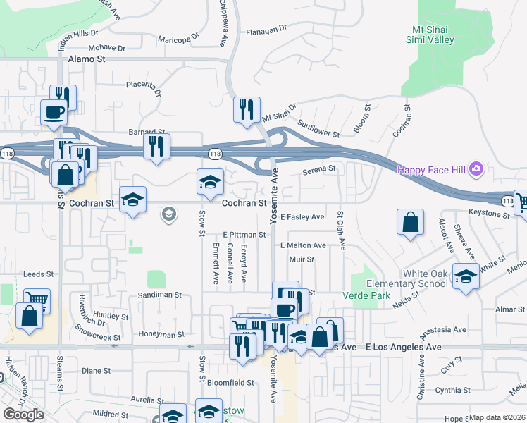 map of restaurants, bars, coffee shops, grocery stores, and more near 2345 Yosemite Avenue in Simi Valley