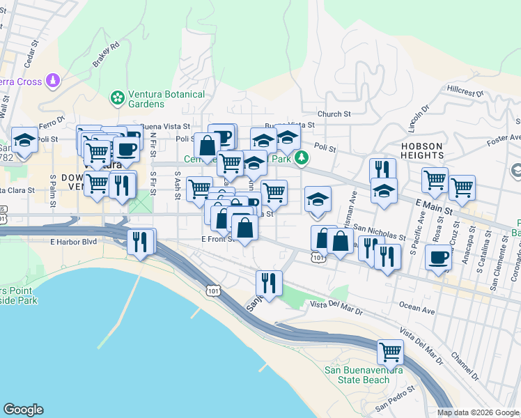 map of restaurants, bars, coffee shops, grocery stores, and more near 1156 Meta Street in Ventura