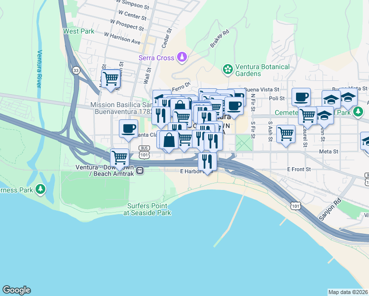 map of restaurants, bars, coffee shops, grocery stores, and more near 225 South Palm Street in Ventura