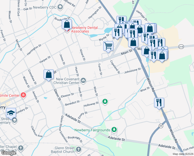 map of restaurants, bars, coffee shops, grocery stores, and more near 2423 Eleanor Street in Newberry